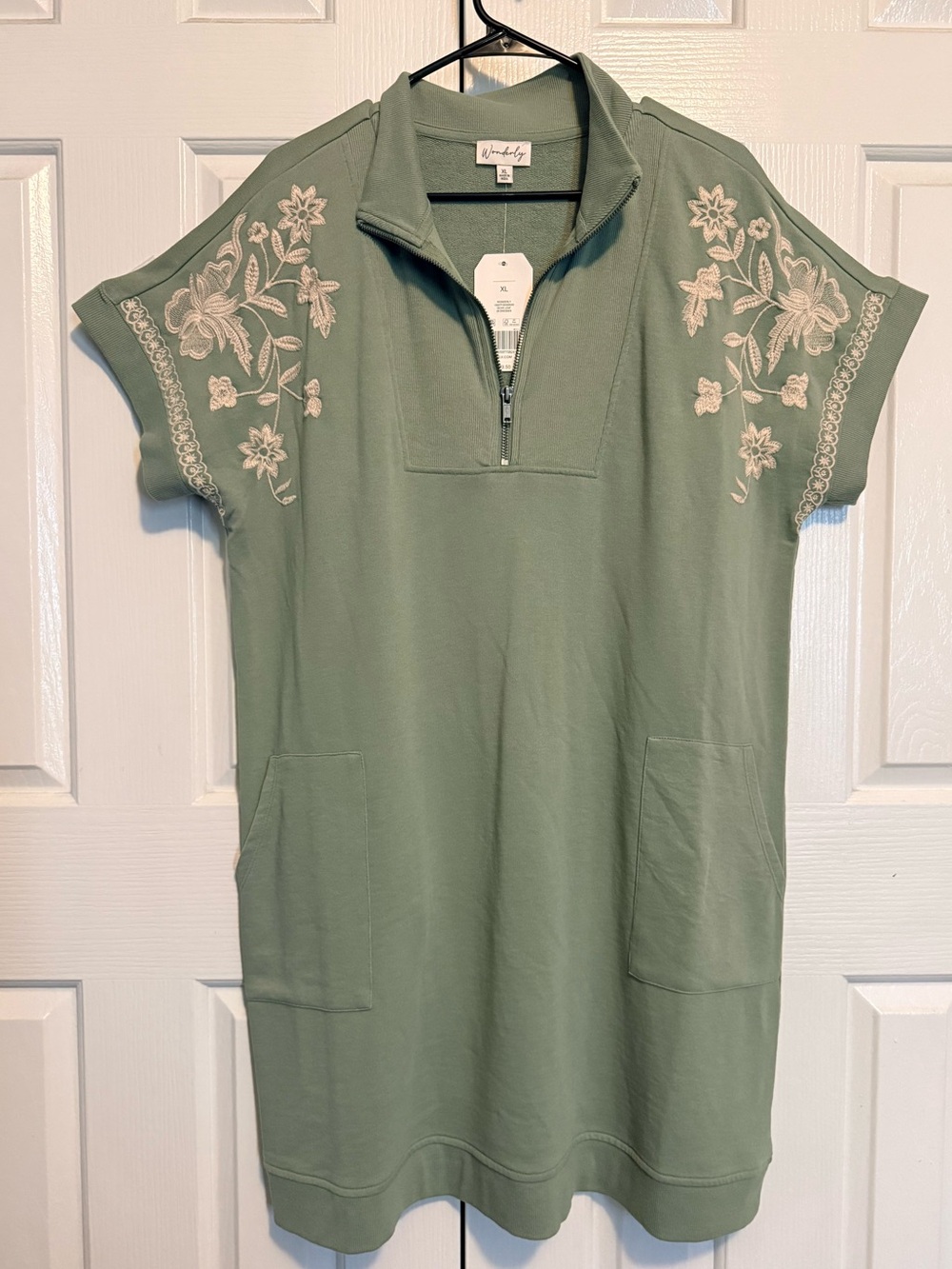 NWT Wonderly XL Olive French Terry Embroidered Zip Front Midi Dress Pockets